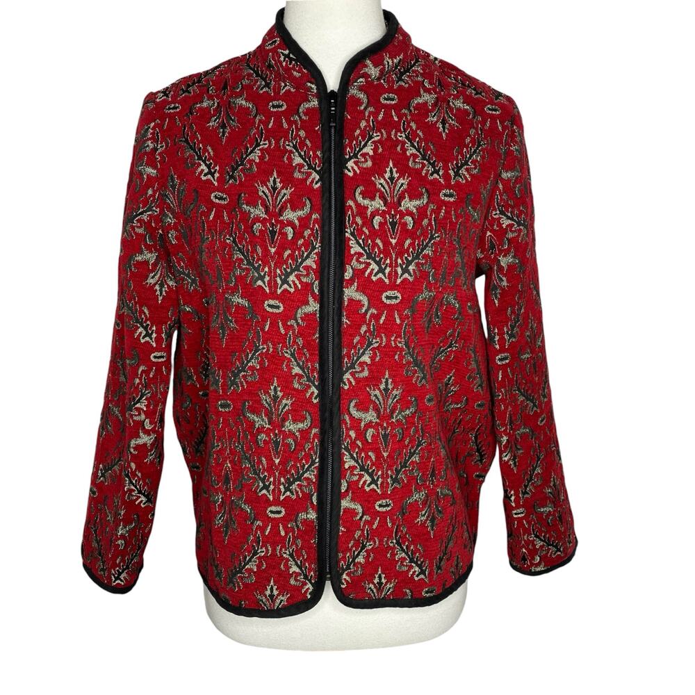 Studio Works Jacket Full Zip Red Silver Damask Tapestry Medium Petite Regal Boho - Picture 1 of 14